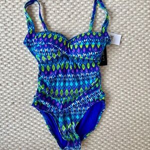 LA BLANCA Womens Santorini Cobalt Ikat 1 Piece Swimsuit Multicolor New with Tag